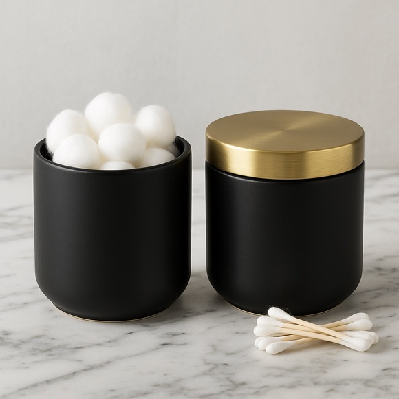 Z Gallerie Multi Use Storage Duo Set of 2 Ceramic Canisters Gold Metal Lids - Picture 2 of 14